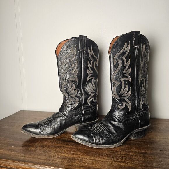 Nocona Men\'s Black Leather Cowboy Boots Size 10D, USA, Western, Red Stitching main image 6